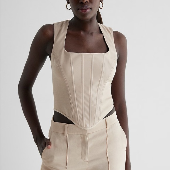 Express Faux Leather Linen-Based Square Neck Corset Tank - Picture 1 of 2